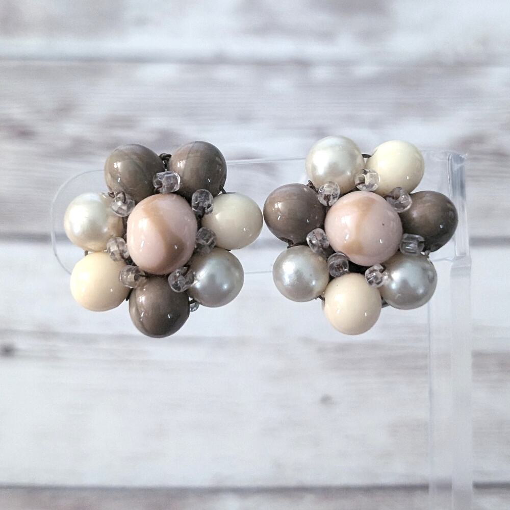 Vintage Clip On Earrings Cluster Pink/Cream/Brown Tones